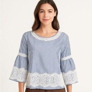 NWT Sensemill Blue Striped Bell Sleeve Lace Trim Blouse